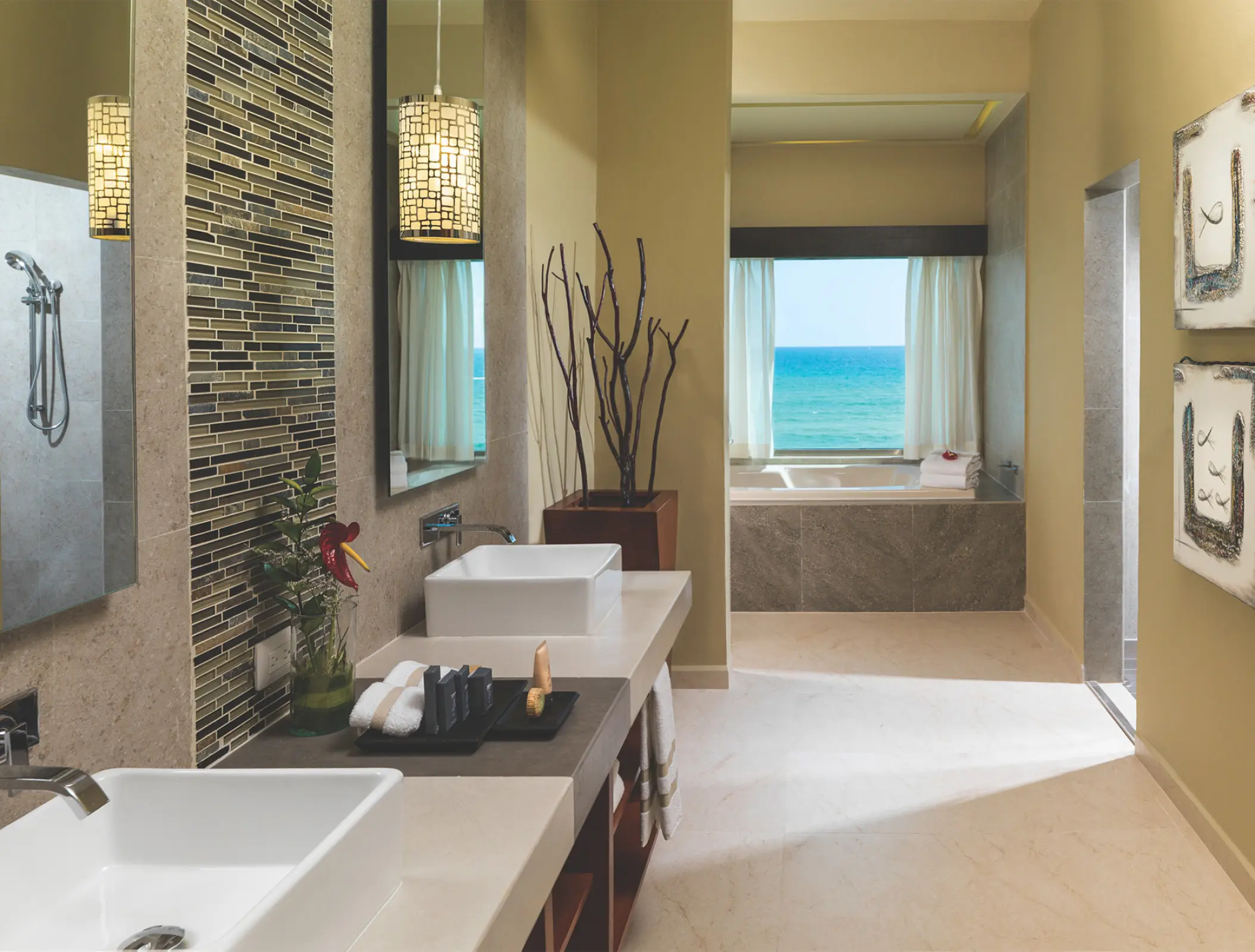 Generations Riviera Maya bathroom suite with double sinks and ocean view soaking tub, Riviera Maya