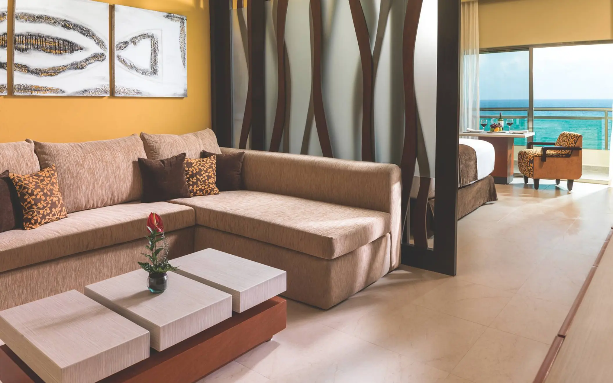 Generations Riviera Maya oceanfront suite living room with sea views, Riviera Maya