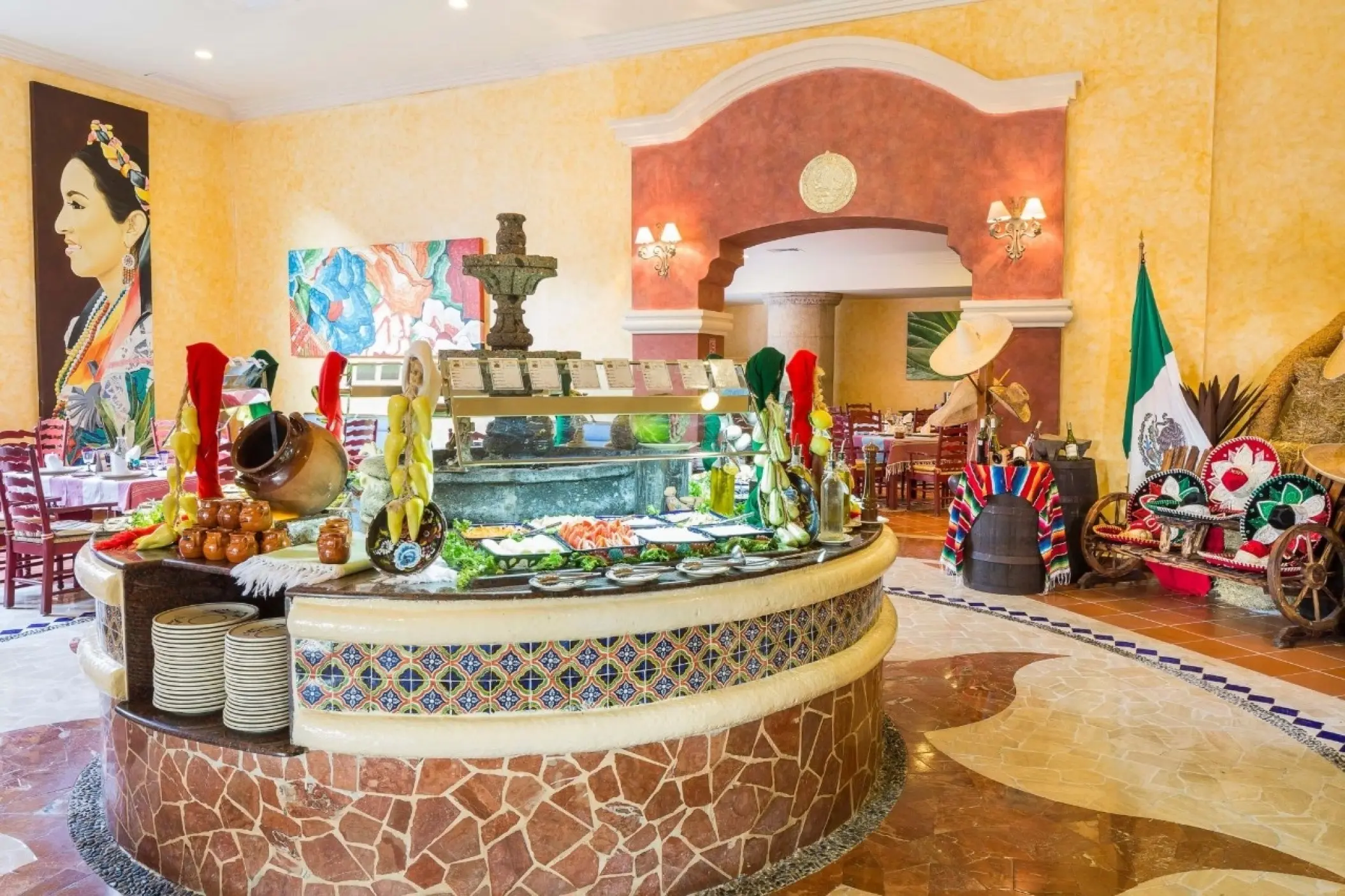 Adelita restaurant buffet with Mexican decor at Grand Palladium Colonial, Riviera Maya