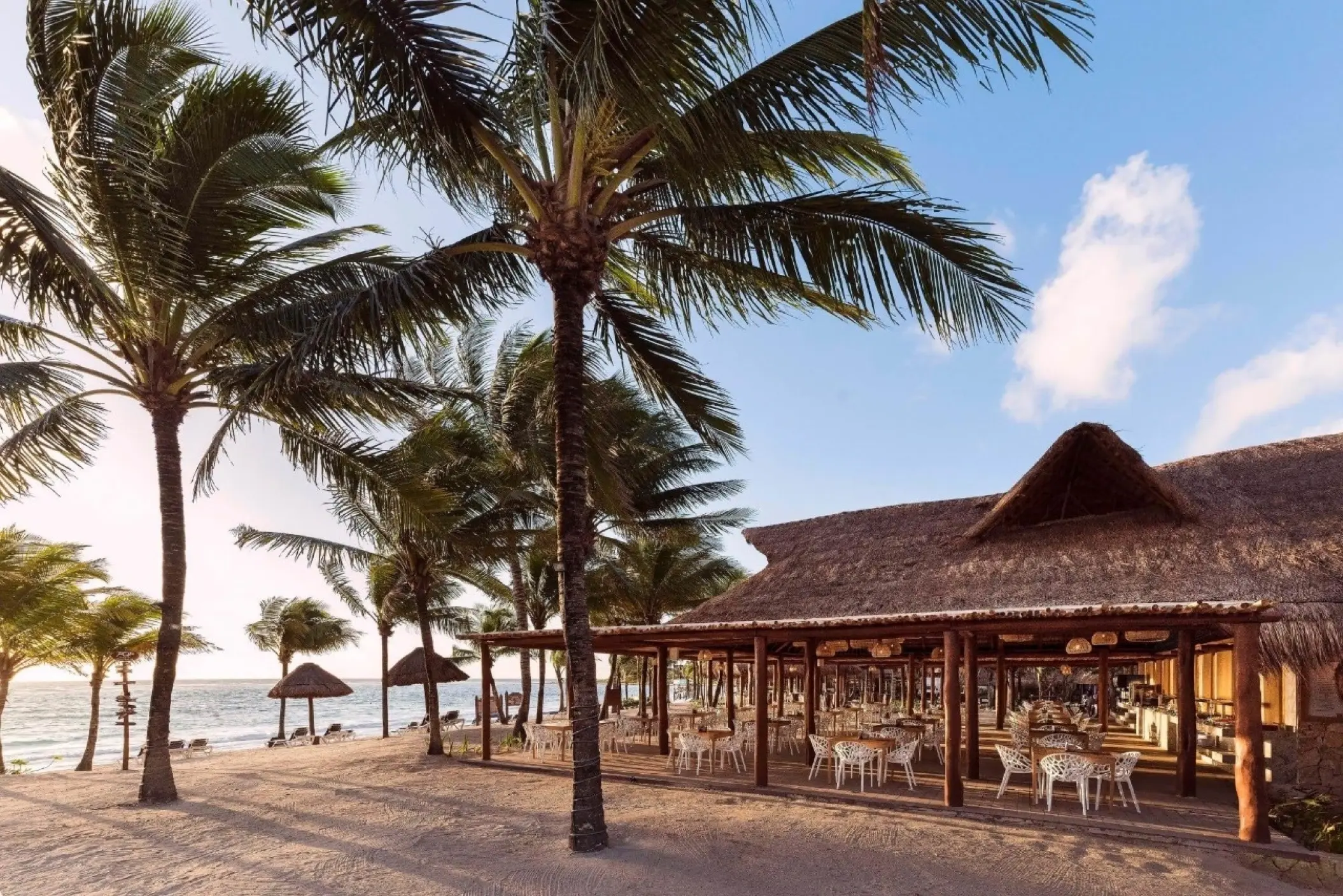 Thatched roof beach bar and seating area under palm trees at Grand Palladium Colonial, Riviera Maya