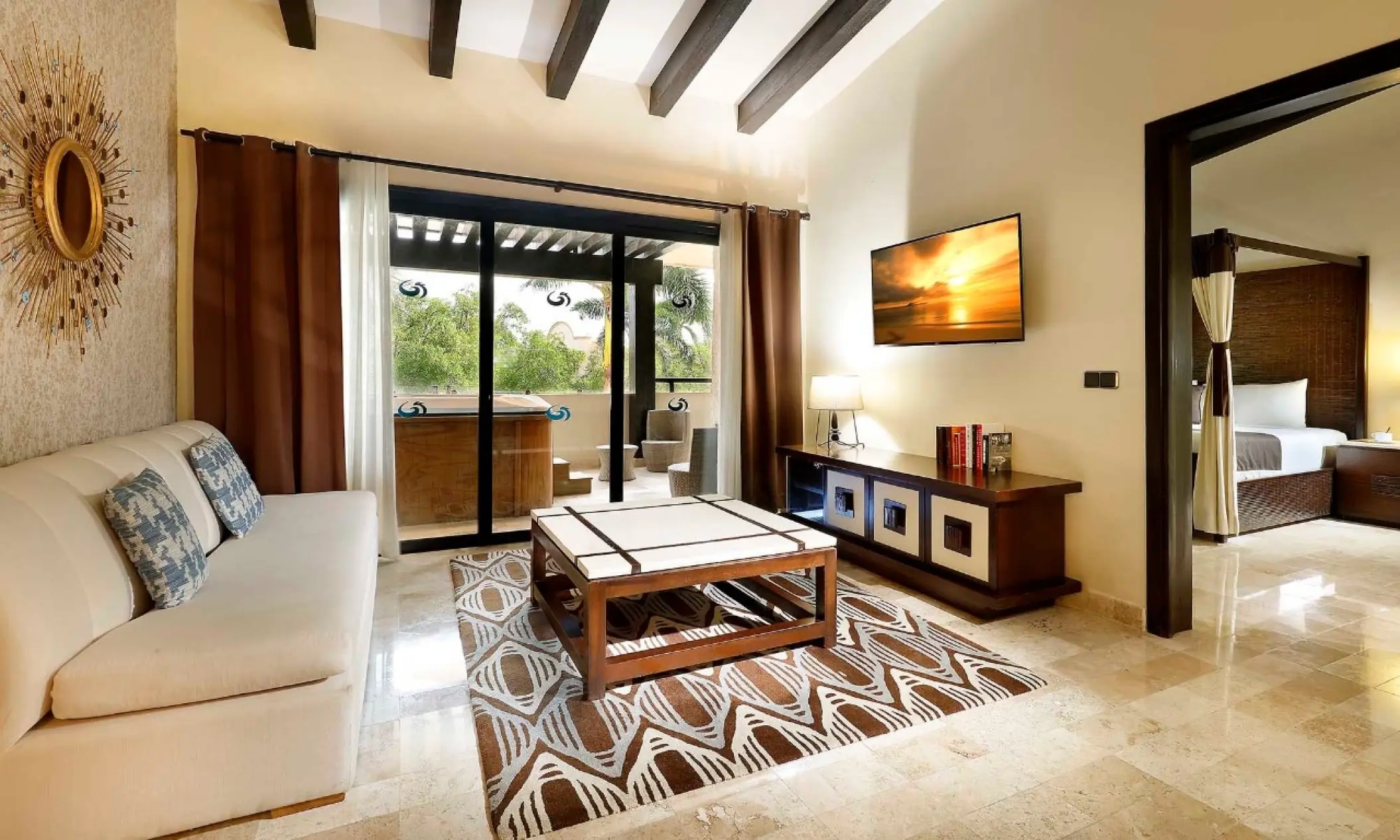 Connecting suite living area with terrace access at Grand Palladium Colonial, Riviera Maya