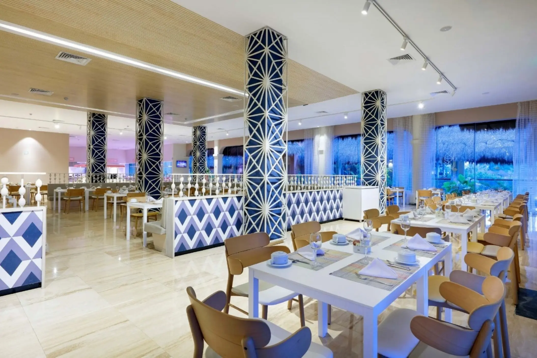 La Dalia restaurant with blue patterned pillars at Grand Palladium Colonial, Riviera Maya