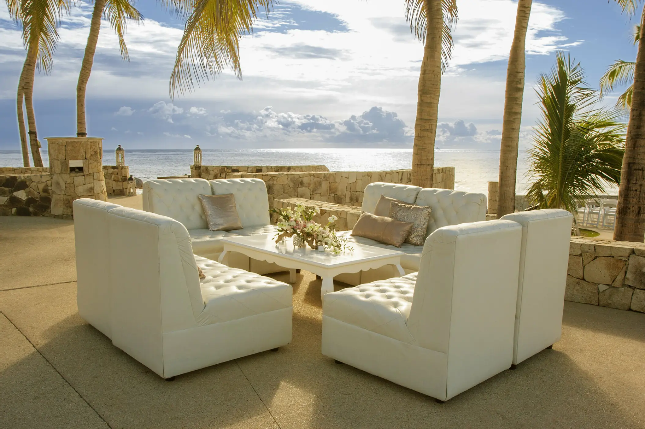 White lounge furniture for a cocktail party at Grand Fiesta Americana Los Cabos, Cabo San Lucas