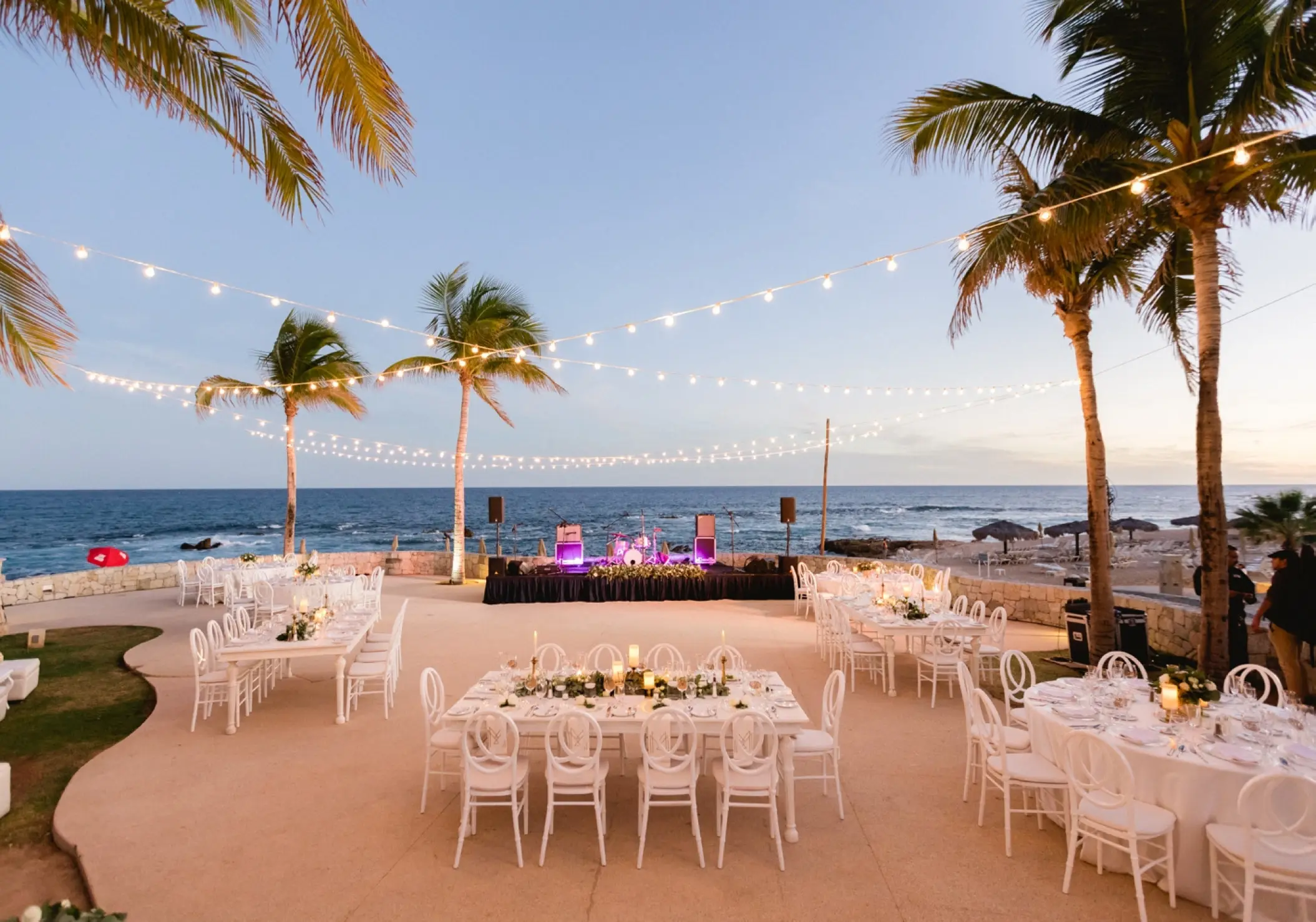 Whales Terrace wedding reception with string lights at Grand Fiesta Americana, Cabo San Lucas