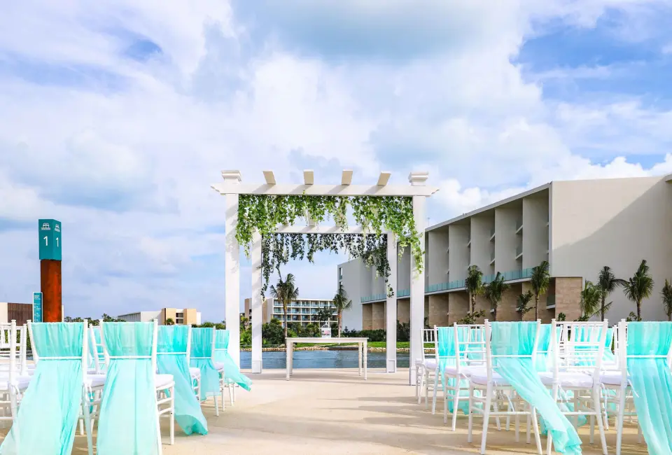 Ceremony decor on the villages deck at Grand Palladium Costa Mujeres