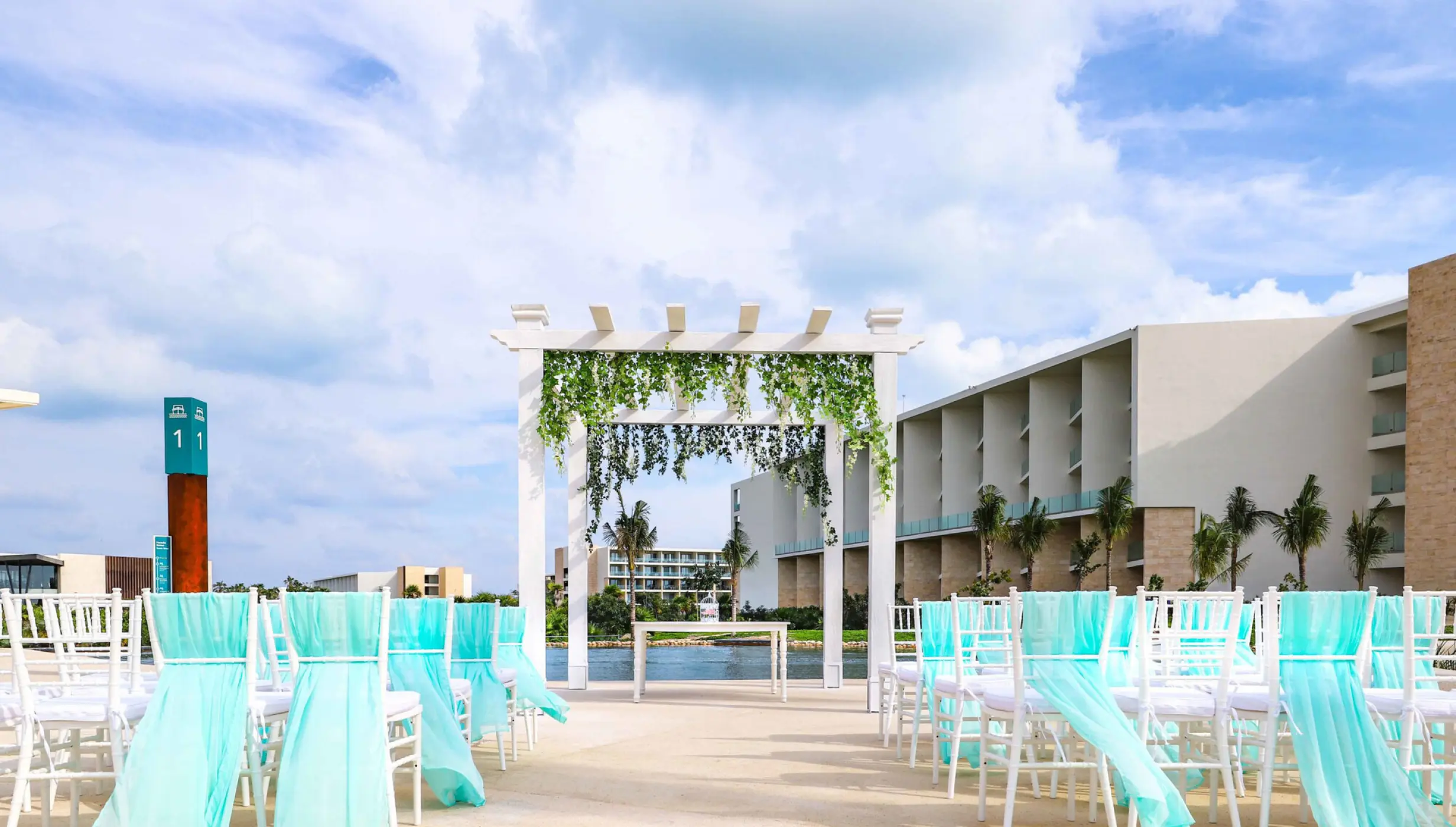 Ceremony decor on the villages deck at Grand Palladium Costa Mujeres