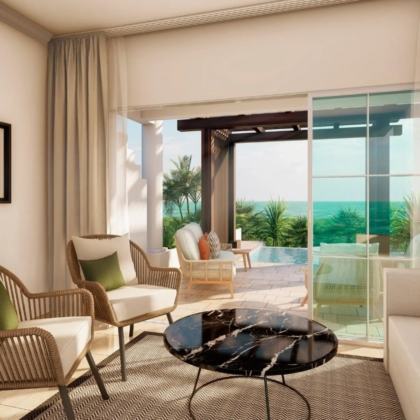 Oceanview Junior Suite living area with private balcony at Grand Palladium Jamaica, Ocho Rios