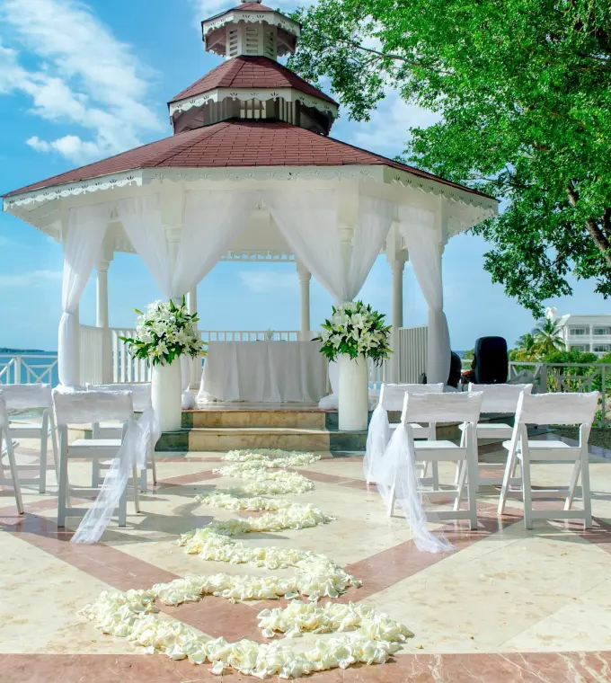 White oceanfront wedding gazebo ceremony at Grand Palladium Jamaica, Ocho Rios