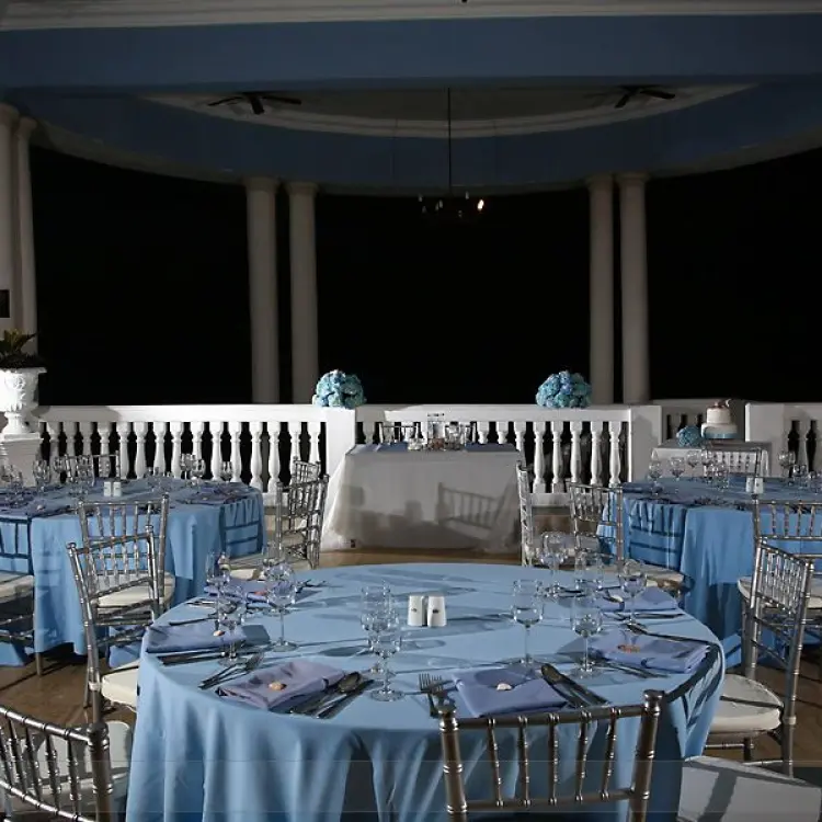 Evening wedding reception setup with light blue linens at Grand Palladium Jamaica, Ocho Rios