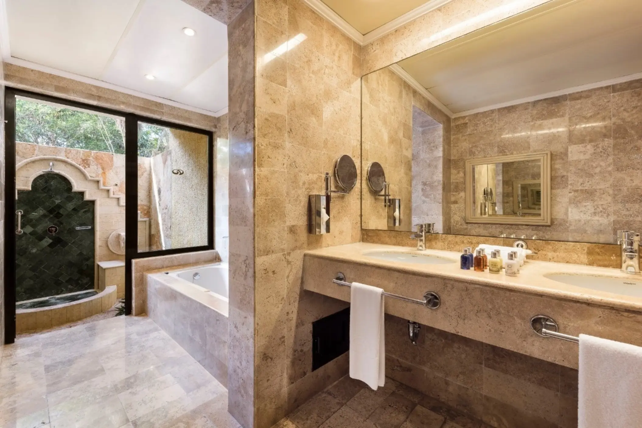 Modern marble bathroom suite with double vanity and outdoor shower at Grand Palladium Kantenah, Riviera Maya