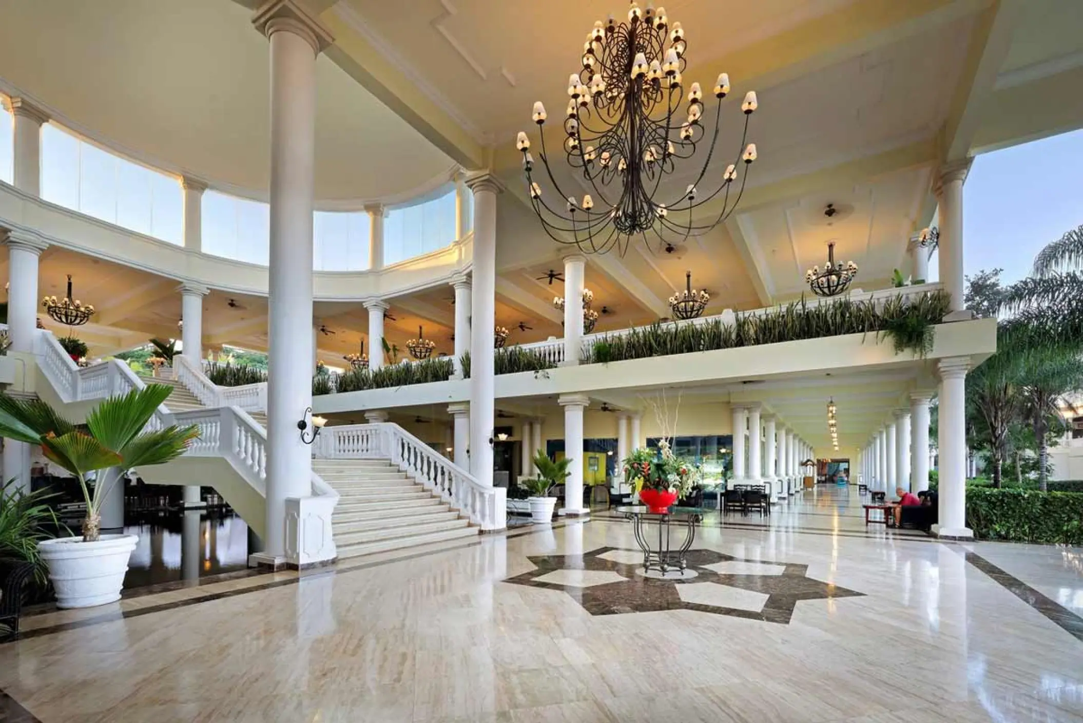 Grand Palladium Lady Hamilton open-air lobby with chandeliers and grand staircase, Ocho Rios