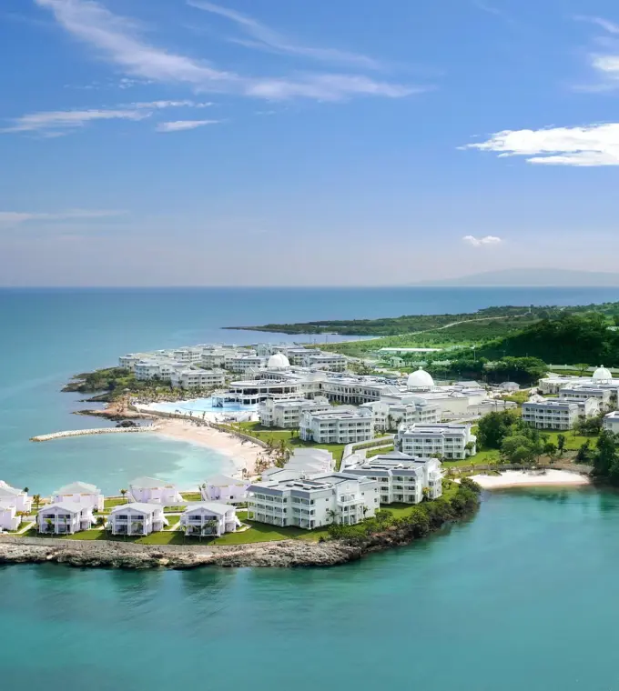 Aerial view of Grand Palladium Lady Hamilton beachfront buildings and coves, Ocho Rios