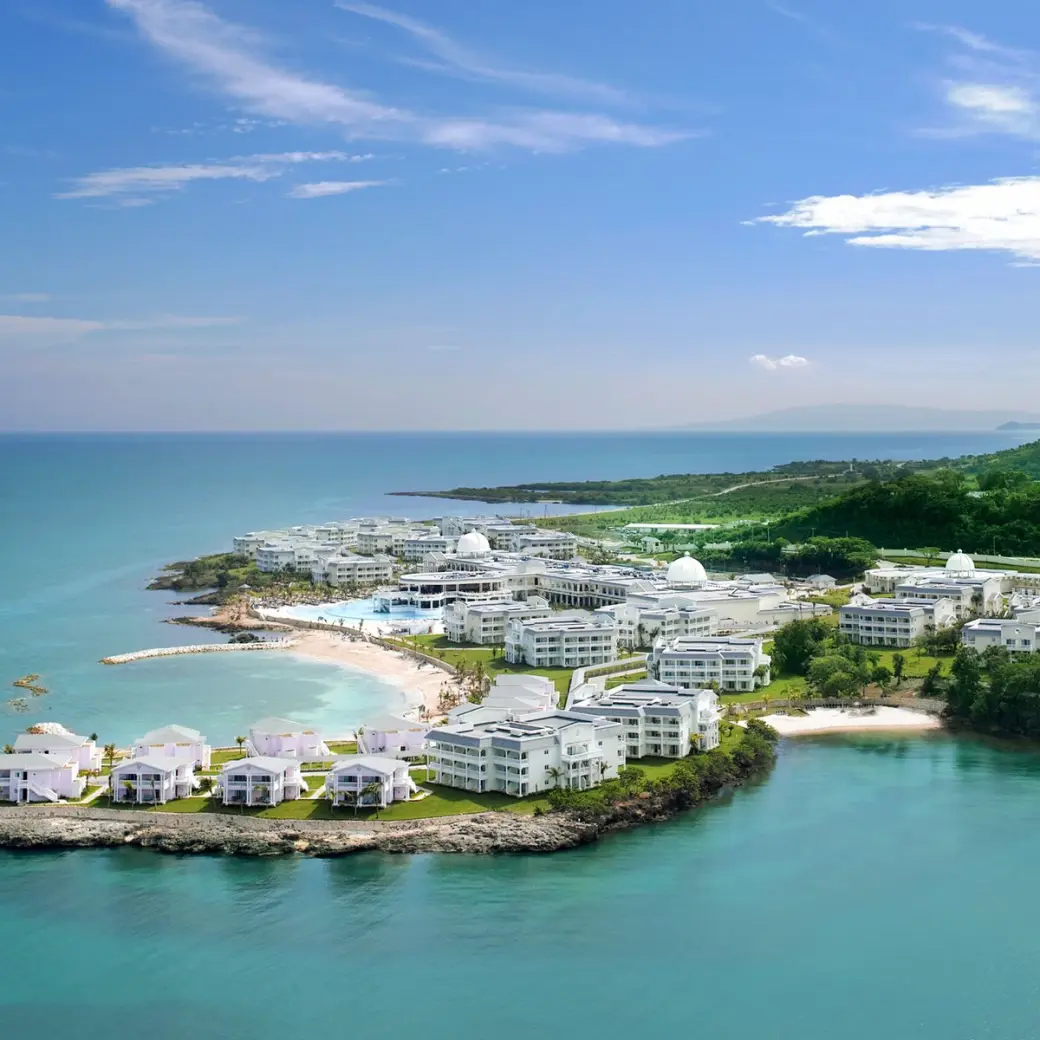 Aerial view of Grand Palladium Lady Hamilton beachfront buildings and coves, Ocho Rios