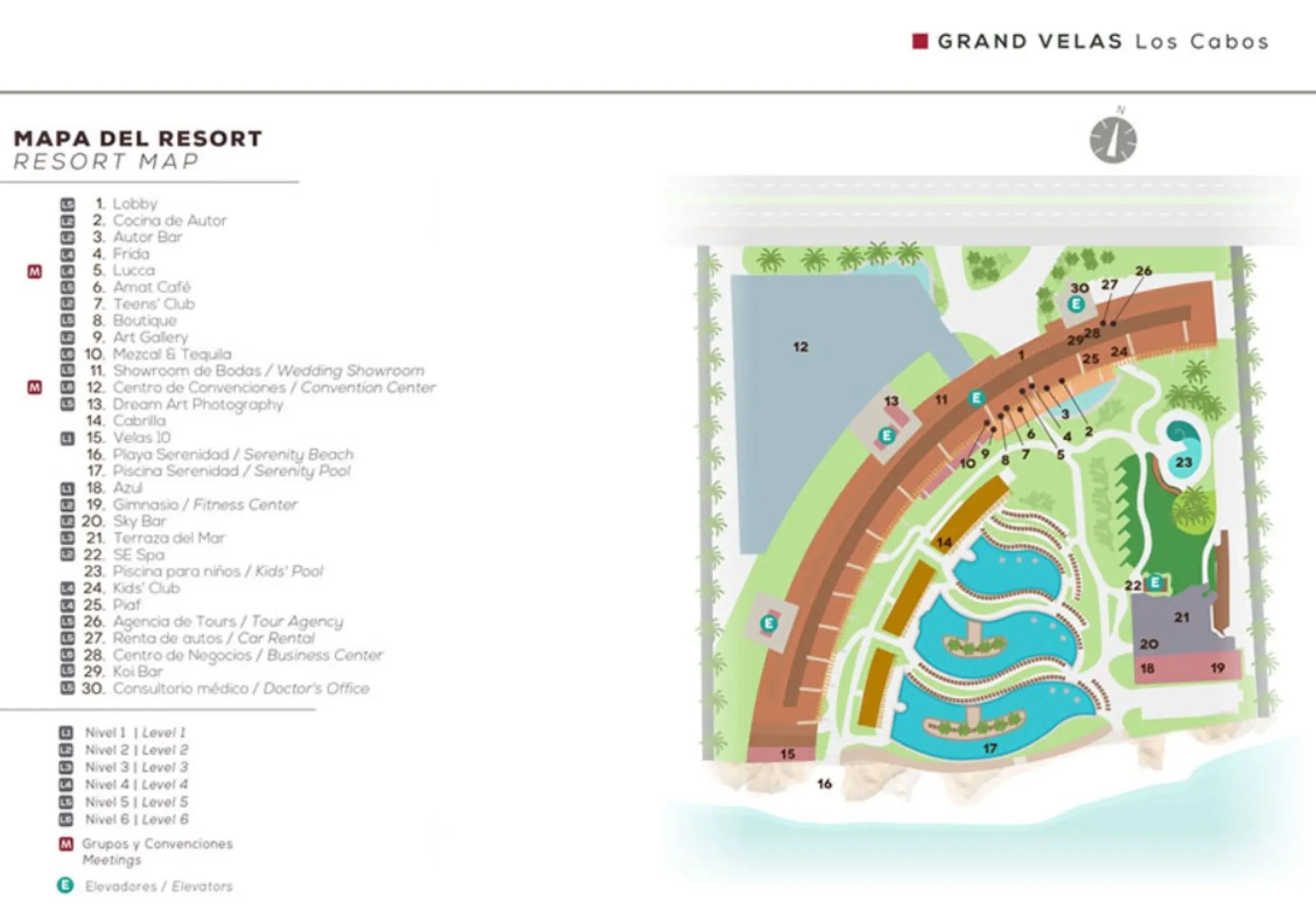 Resort map of Grand Velas Los Cabos featuring building layouts, pools, and venue locations in Cabo San Lucas