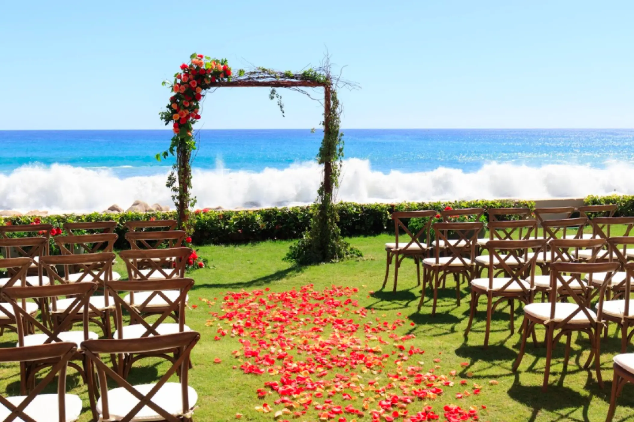 Azul Garden wedding ceremony at Grand Velas Los Cabos overlooking crashing waves, Cabo San Lucas