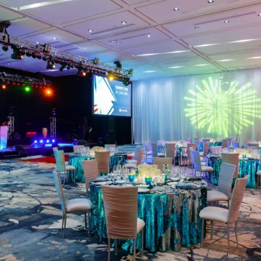Grand Velas ballroom reception with blue sequin linens and light projections at Grand Velas Los Cabos