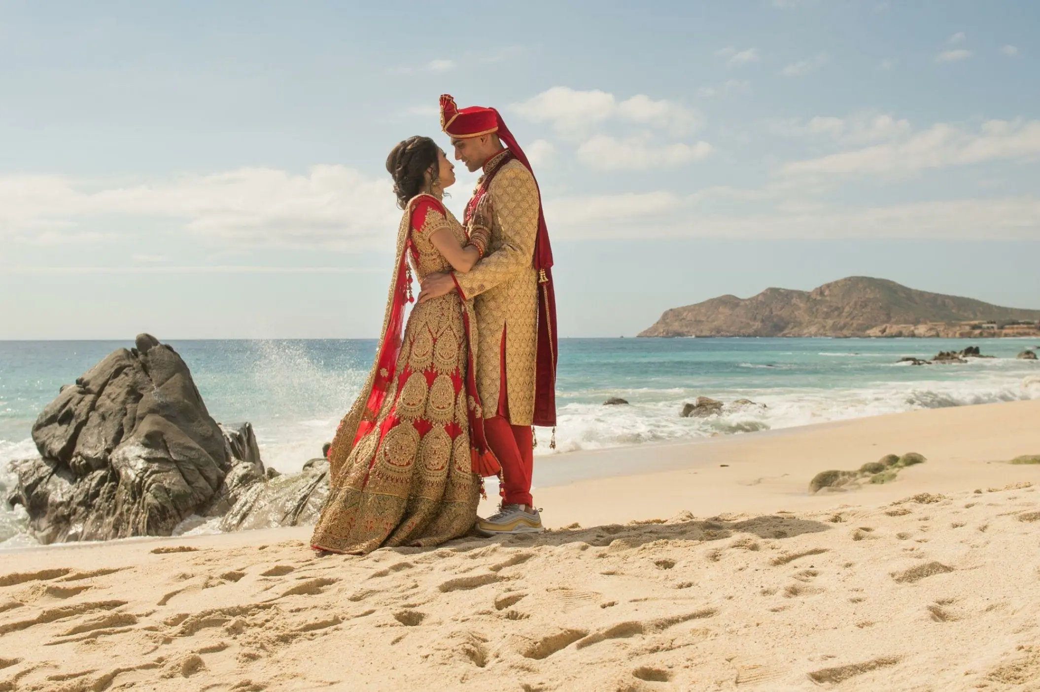 Indian wedding portrait on the beach at Grand Velas Los Cabos, Cabo San Lucas