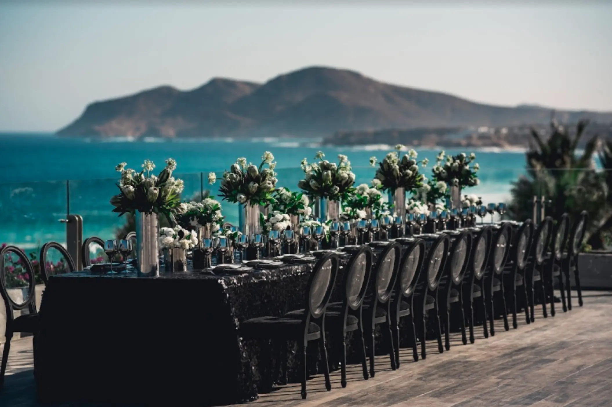 Oceanfront wedding reception terrace setup at Grand Velas Los Cabos, Cabo San Lucas