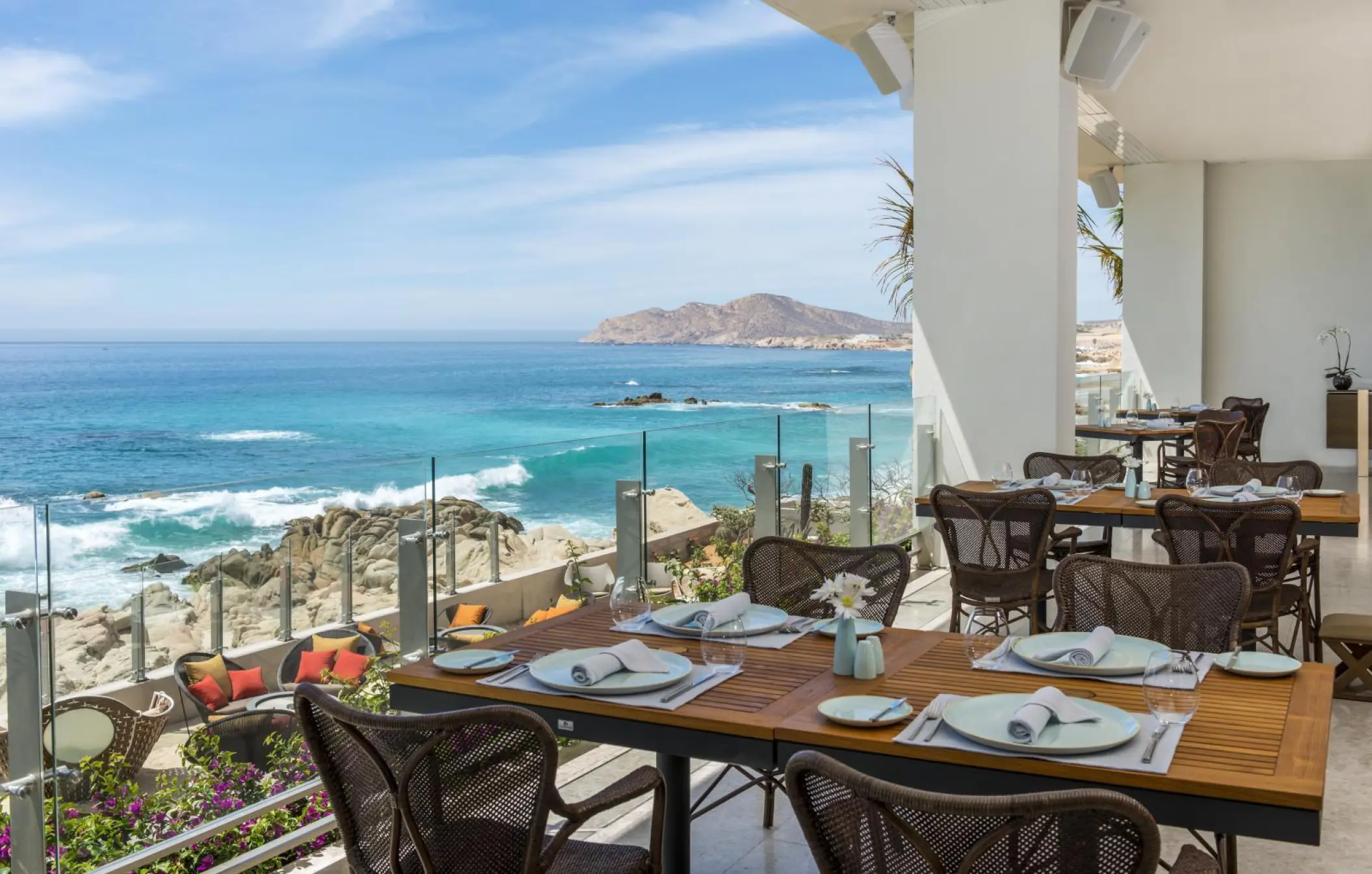 Velas 10 seafood and grill restaurant terrace overlooking the ocean at Grand Velas, Cabo San Lucas
