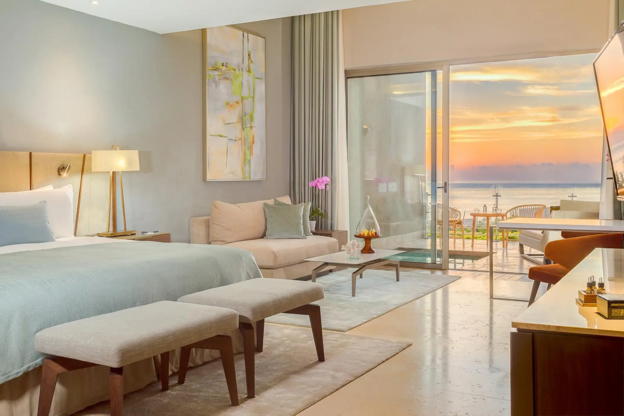 Grand Velas Los Cabos wellness suite with an ocean-view terrace at sunset, Cabo San Lucas