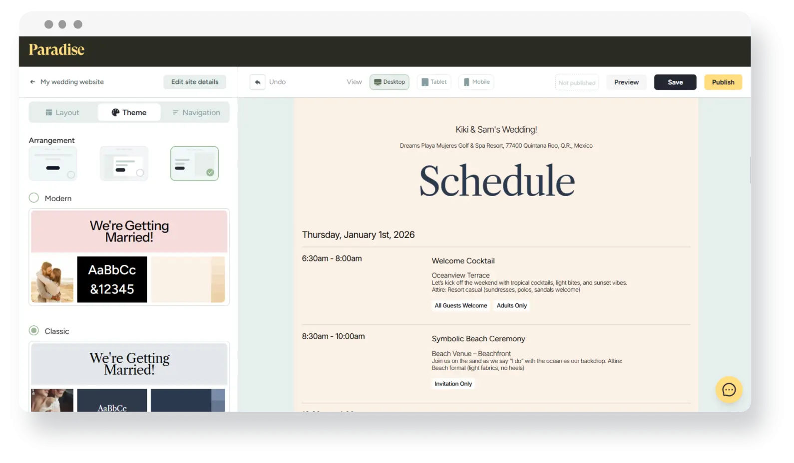 The Paradise Weddings planner interface showing a wedding schedule and customization sidebar
