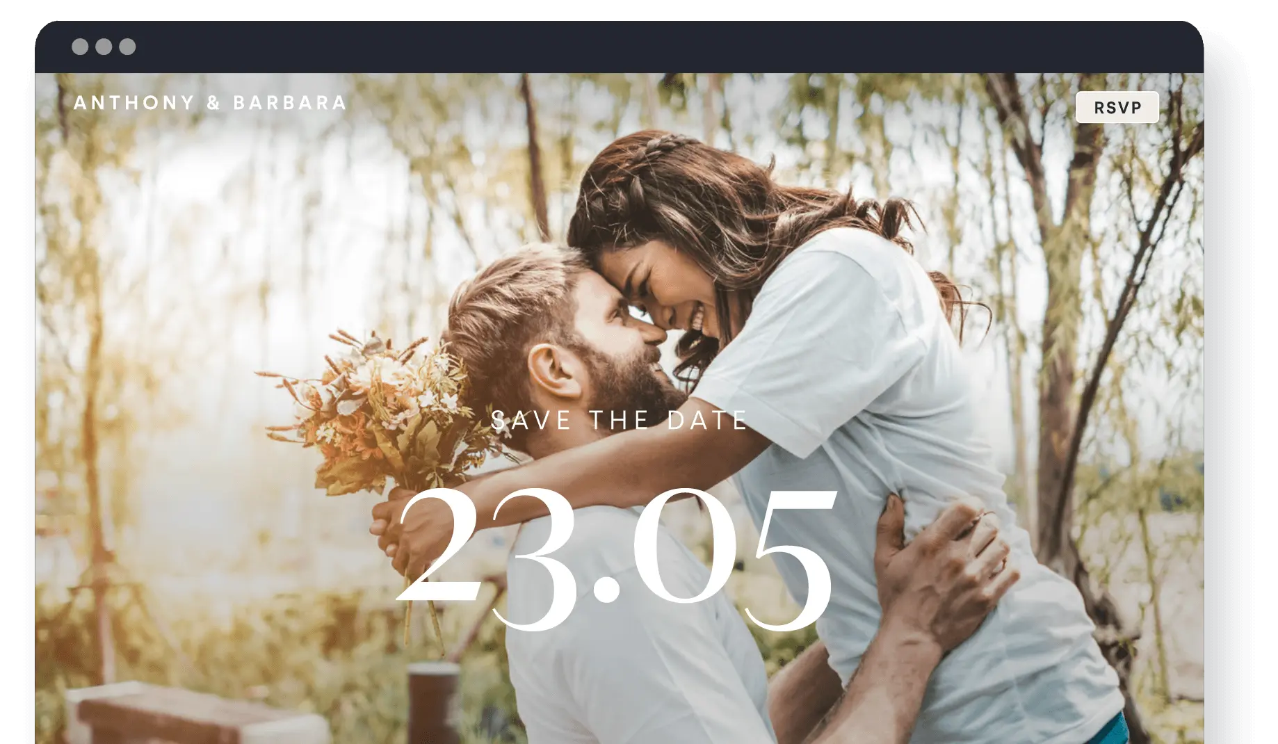 A save the date wedding website for Anthony and Barbara featuring a couple embracing in a garden