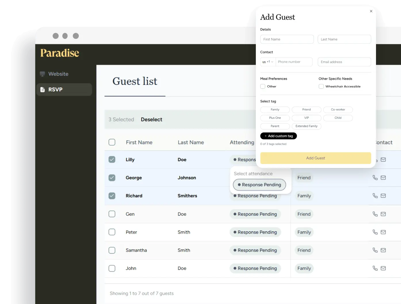 The Paradise Weddings guest list management dashboard showing RSVP status and an add guest form