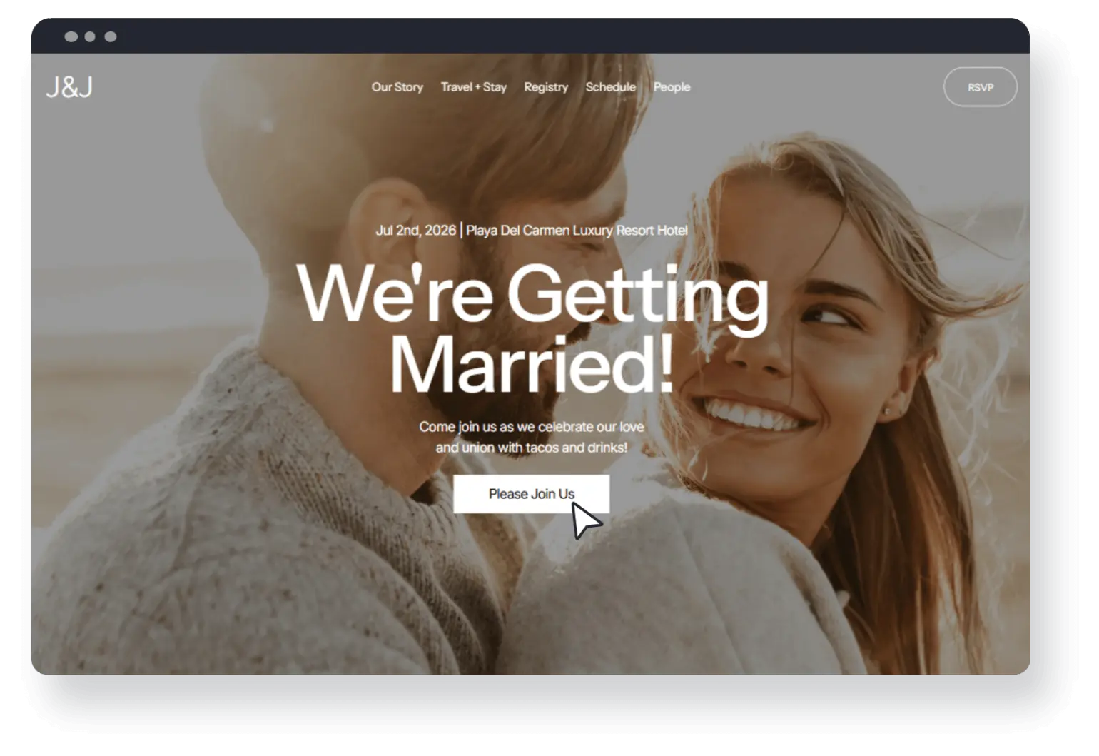 A couple's wedding website with a photo and the text We're Getting Married