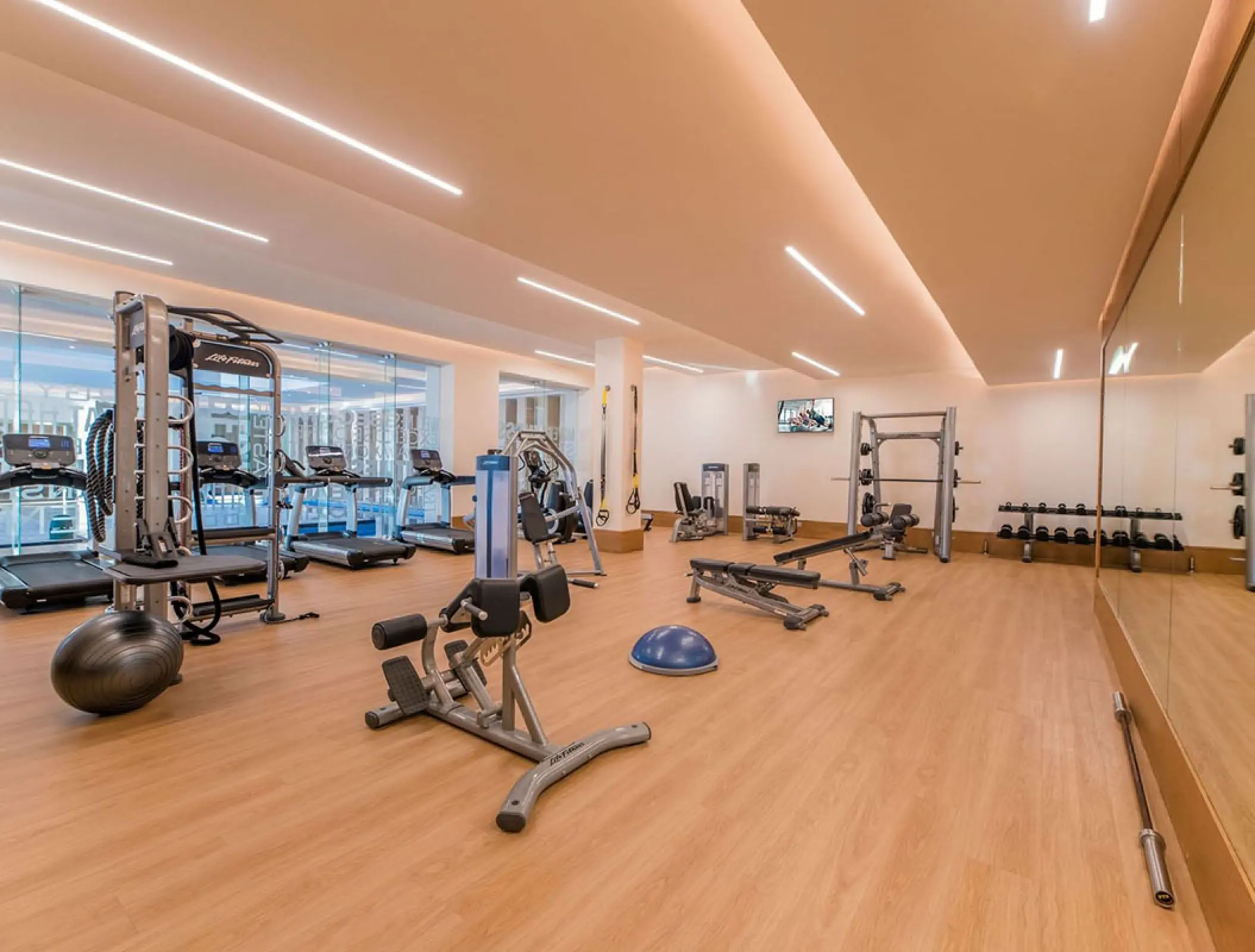 Modern fitness center with weight machines and treadmills at Haven Riviera Cancun, Riviera Maya