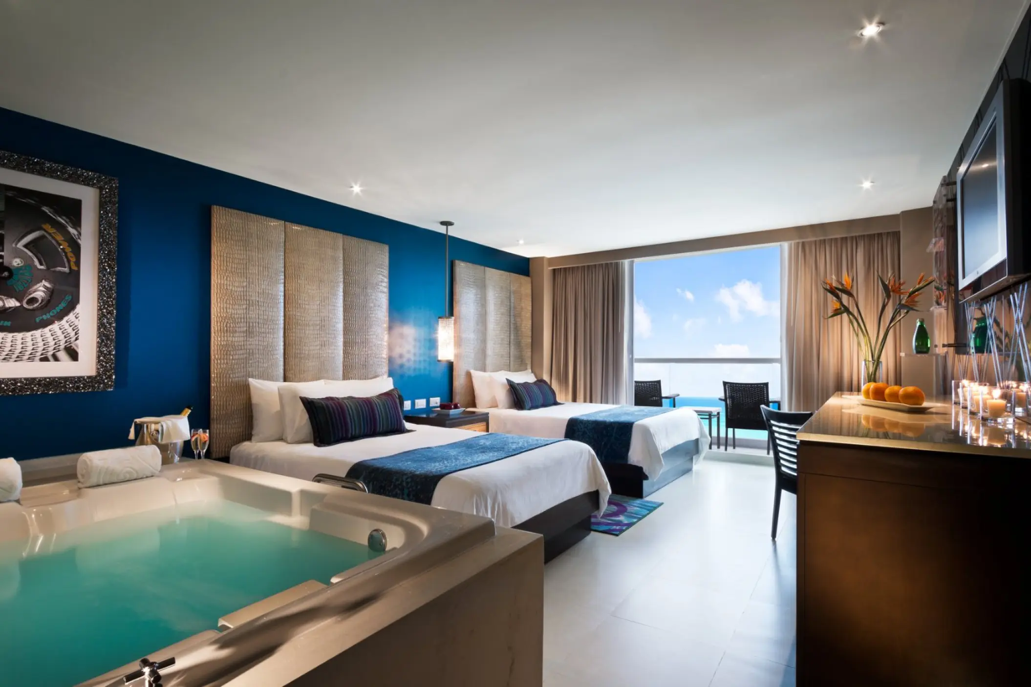 Hard Rock Cancun guest room with two beds and an in-room hydro spa tub, Cancun