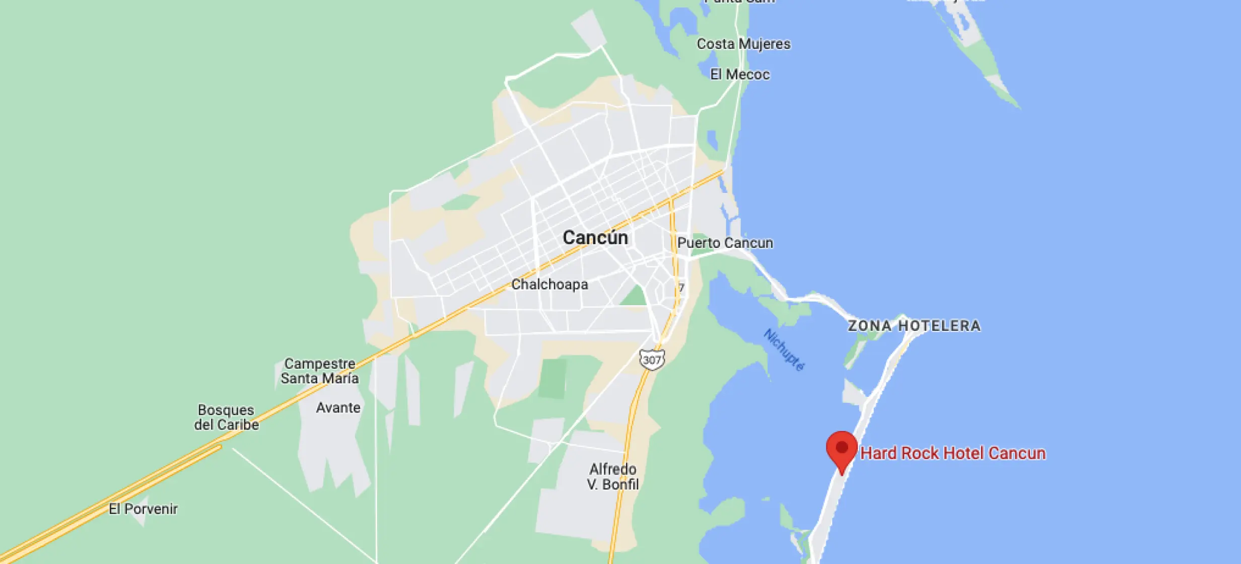 Map of Cancun showing the location of Hard Rock Cancun in the Hotel Zone