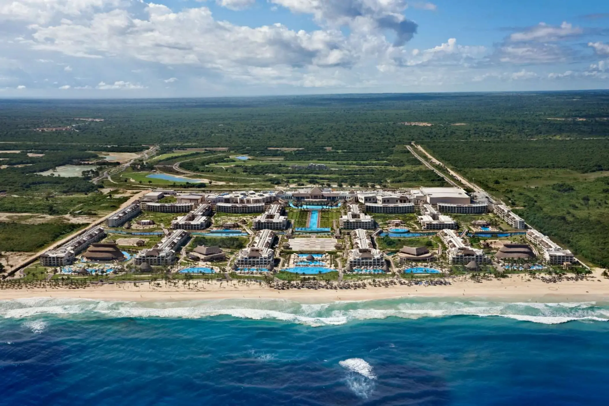Aerial view of Hard Rock Punta Cana beachfront resort and pools, Punta Cana