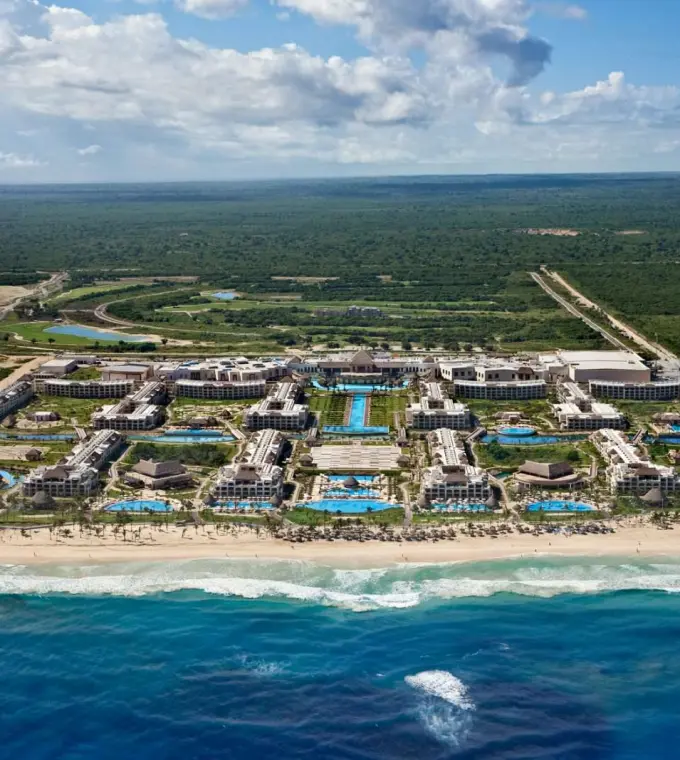 Aerial view of Hard Rock Punta Cana beachfront resort and pools, Punta Cana