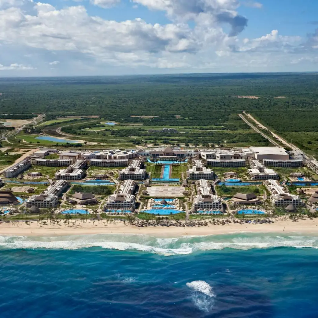 Aerial view of Hard Rock Punta Cana beachfront resort and pools, Punta Cana