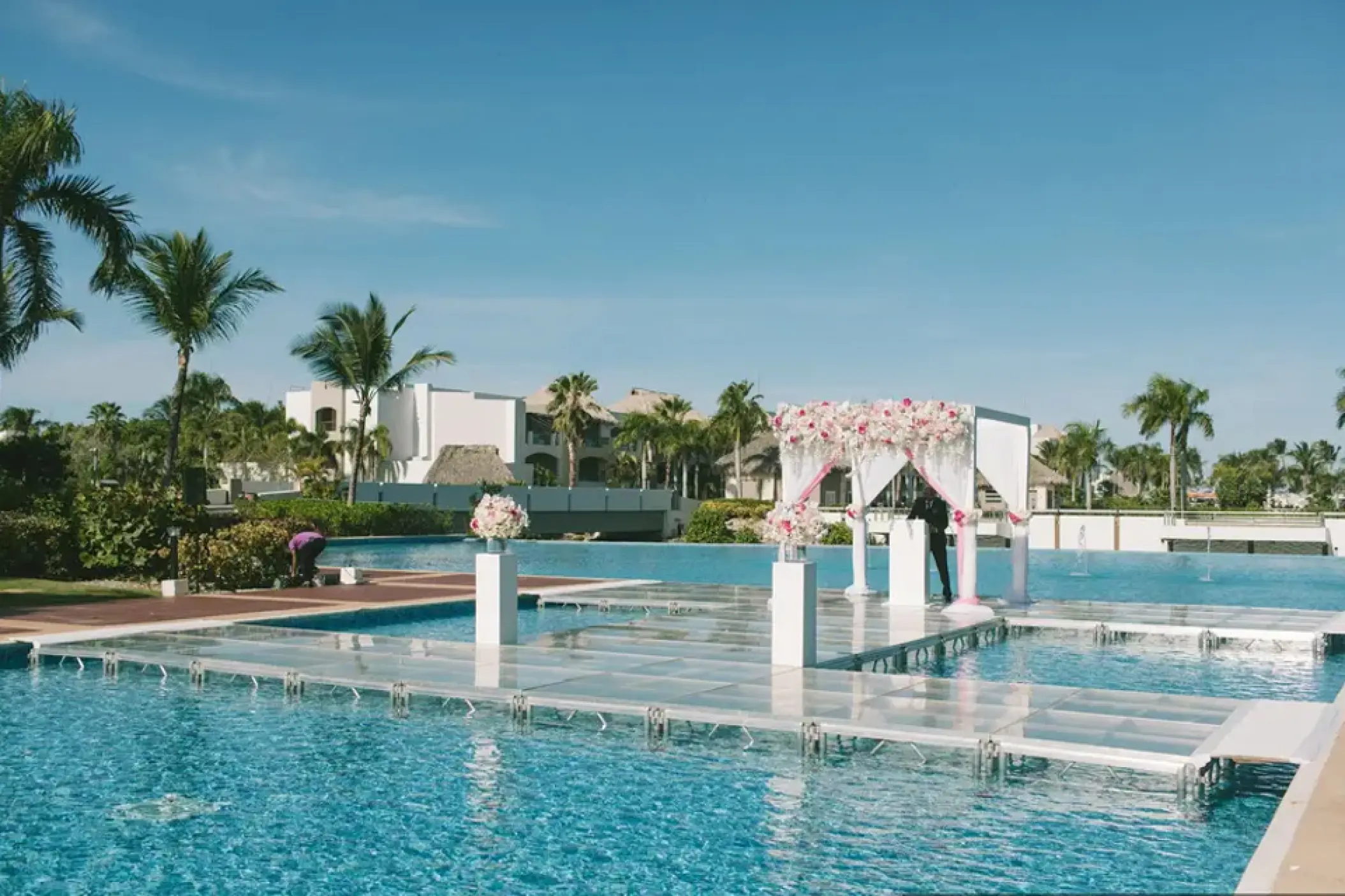 Eclipse Canal wedding ceremony setup on a platform over the pool at Hard Rock Punta Cana