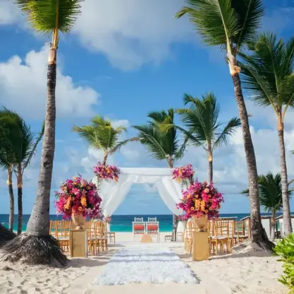 Beachfront wedding ceremony setup under palm trees at Hard Rock Punta Cana