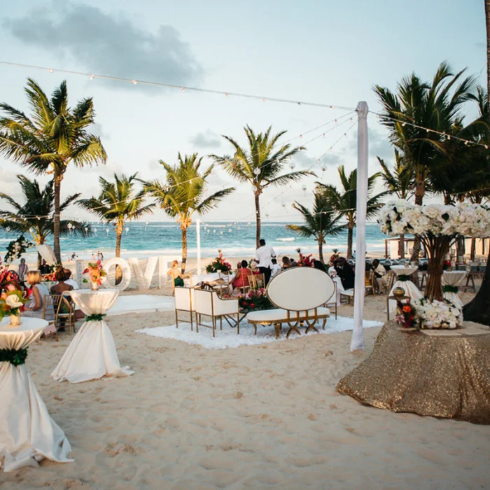 Ceremony decor on Isle beach wedding venue at Hard Rock Punta Cana