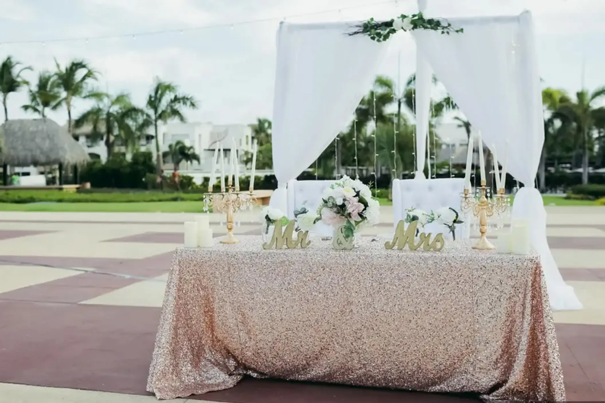 Sequined sweetheart table wedding reception setup at Hard Rock Punta Cana