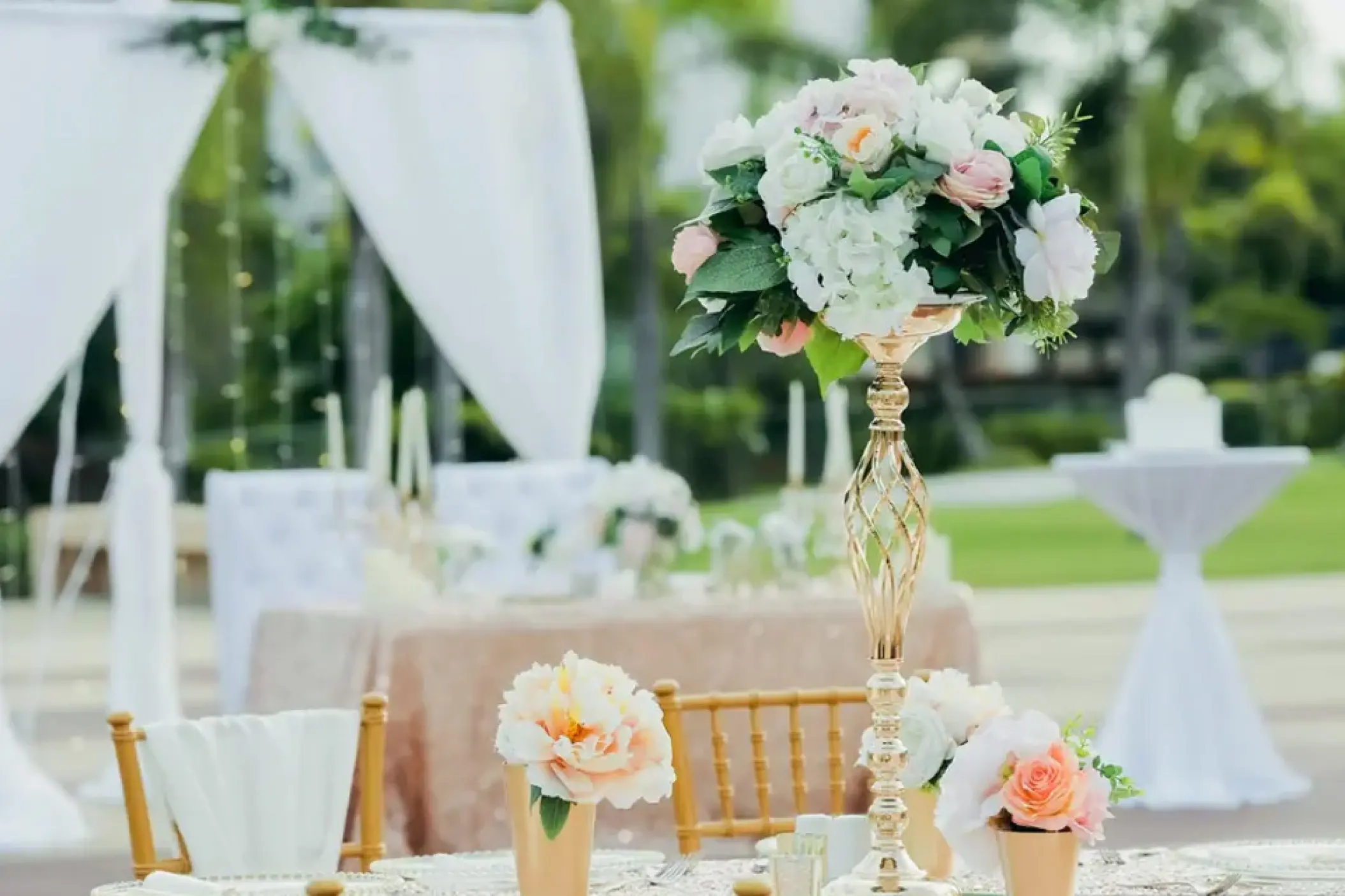 Outdoor wedding reception decor at Hard Rock Punta Cana, Punta Cana