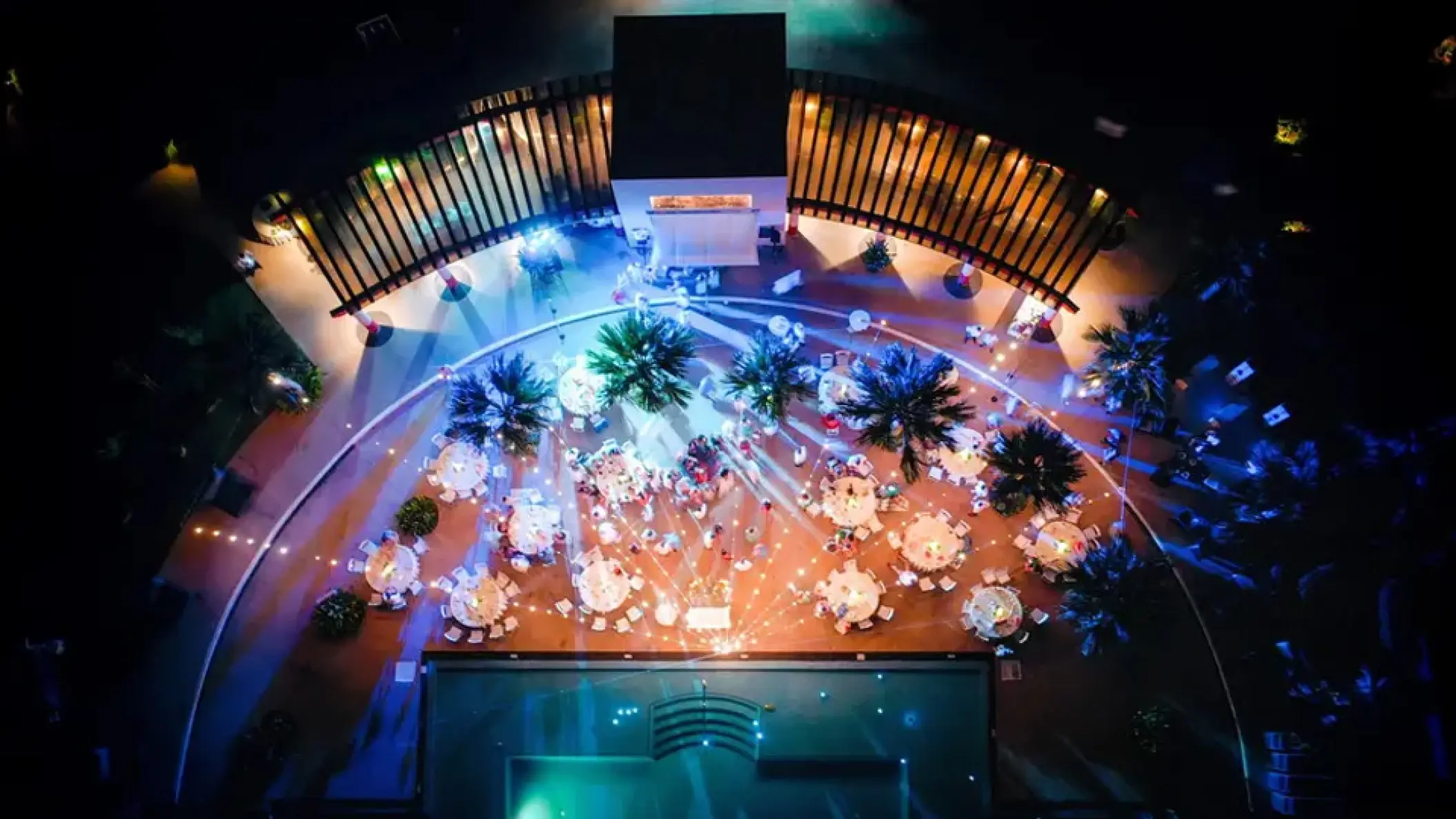 Aerial view of a nighttime wedding reception at Hard Rock Punta Cana, Punta Cana