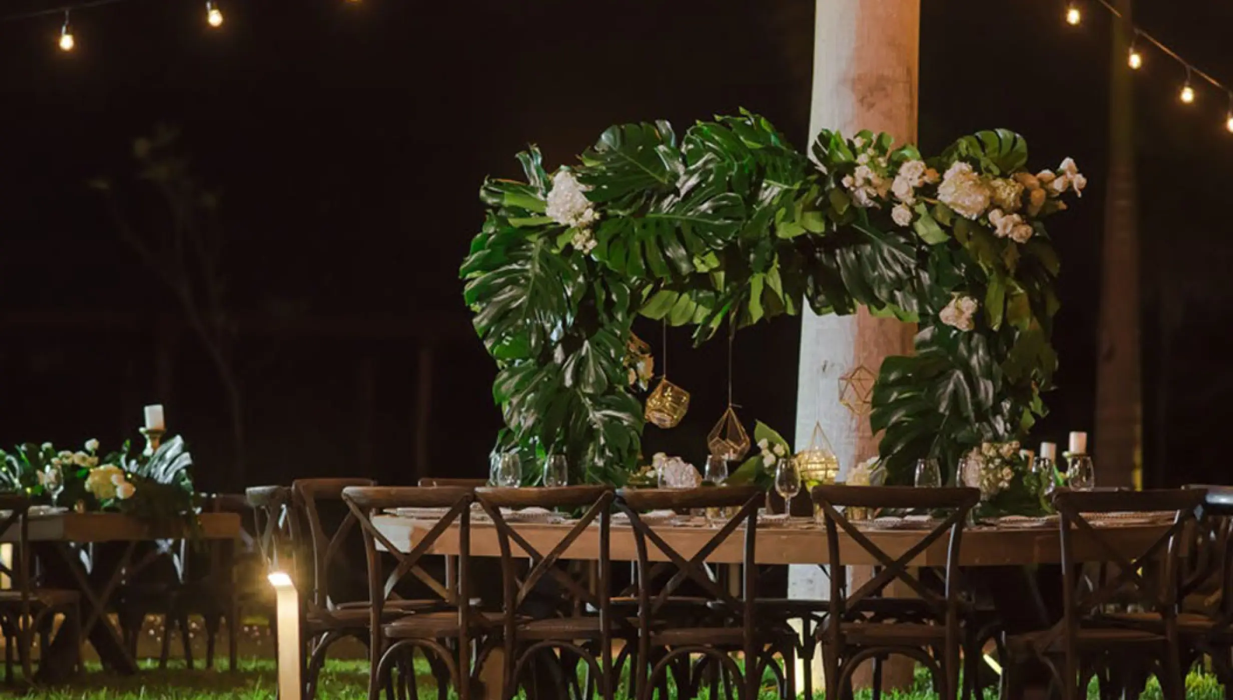 Reception setup in La Ceiba Garden venue at Haven Riviera Cancun Resort.