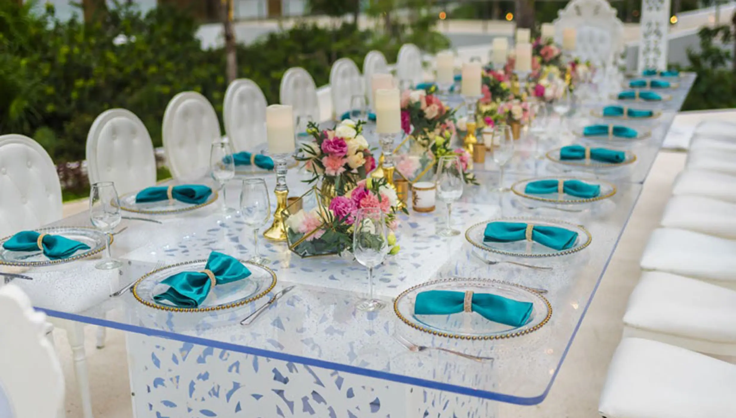 Reception setup detail in Round Terrace Venue at Haven Riviera Cancun.