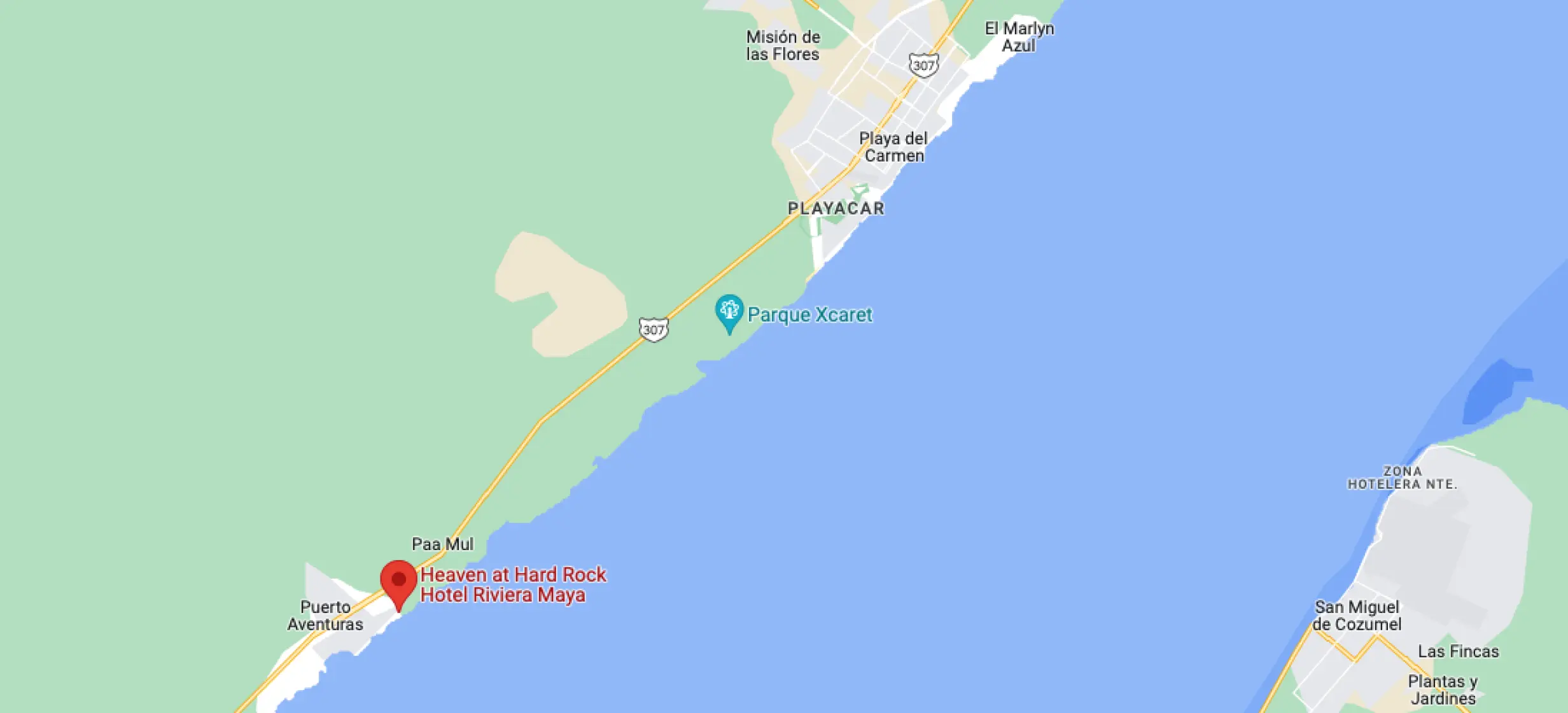 Map showing the location of Heaven at Hard Rock Riviera Maya on the coast of the Riviera Maya