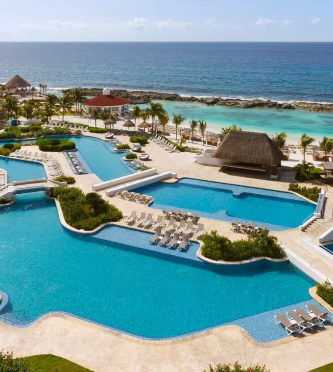 Aerial view of the pools and lagoon beach at Hard Rock Riviera Maya