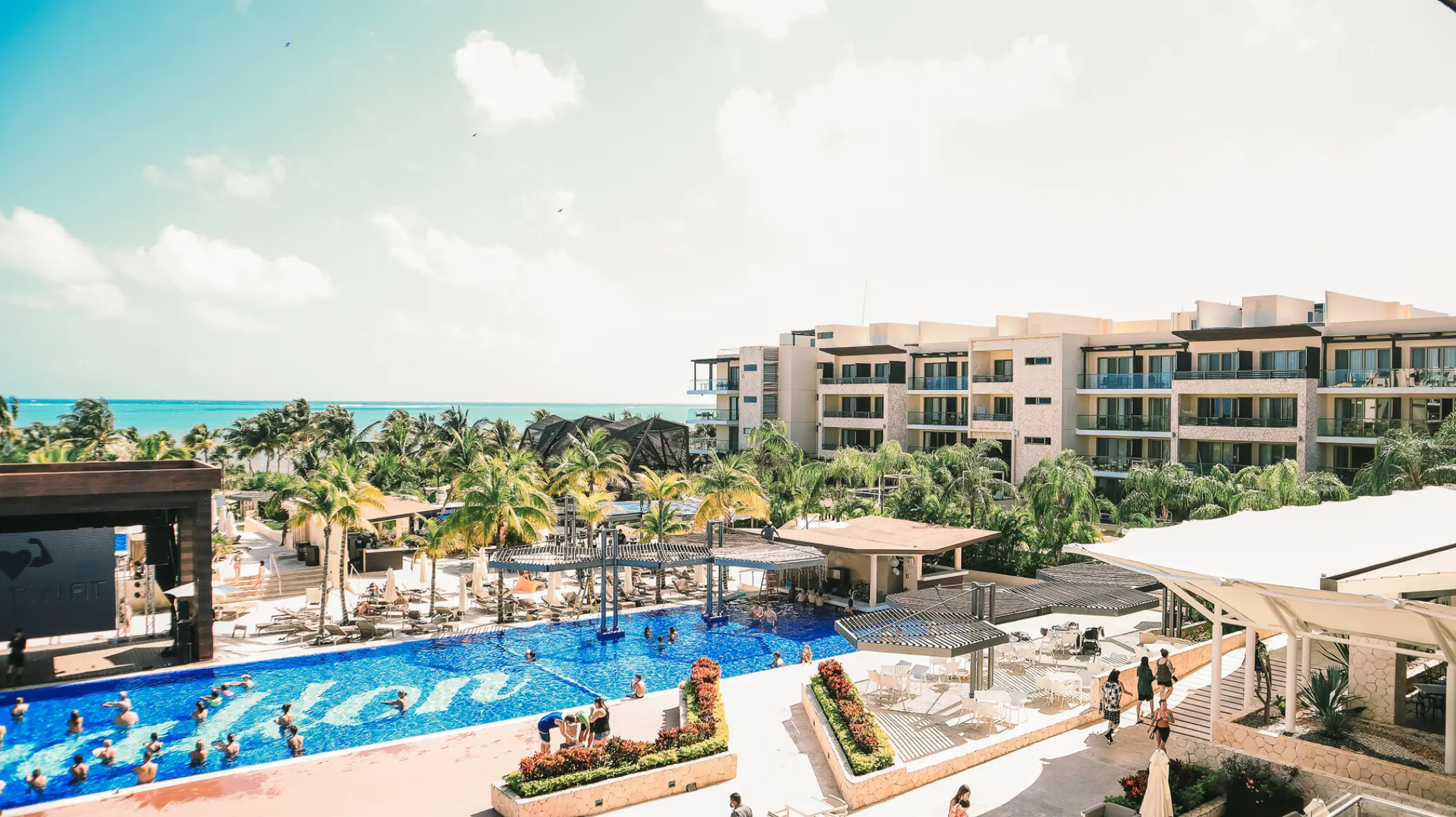Aerial view of the swimming pools and guest buildings at Royalton Hideaway Riviera Cancun, Cancun