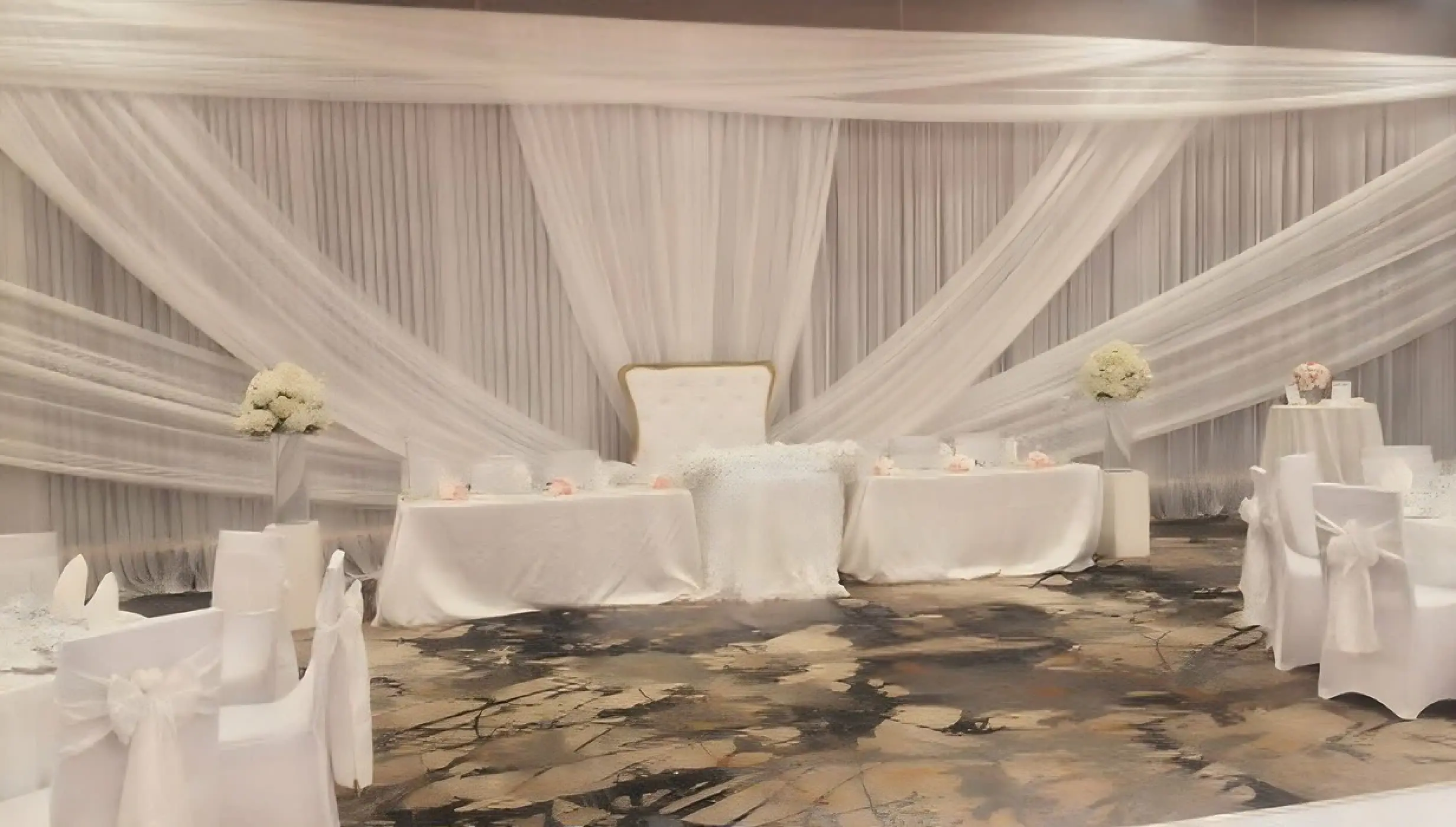 Indoor ballroom wedding reception with white fabric draping and floral centerpieces at Royalton Hideaway Negril