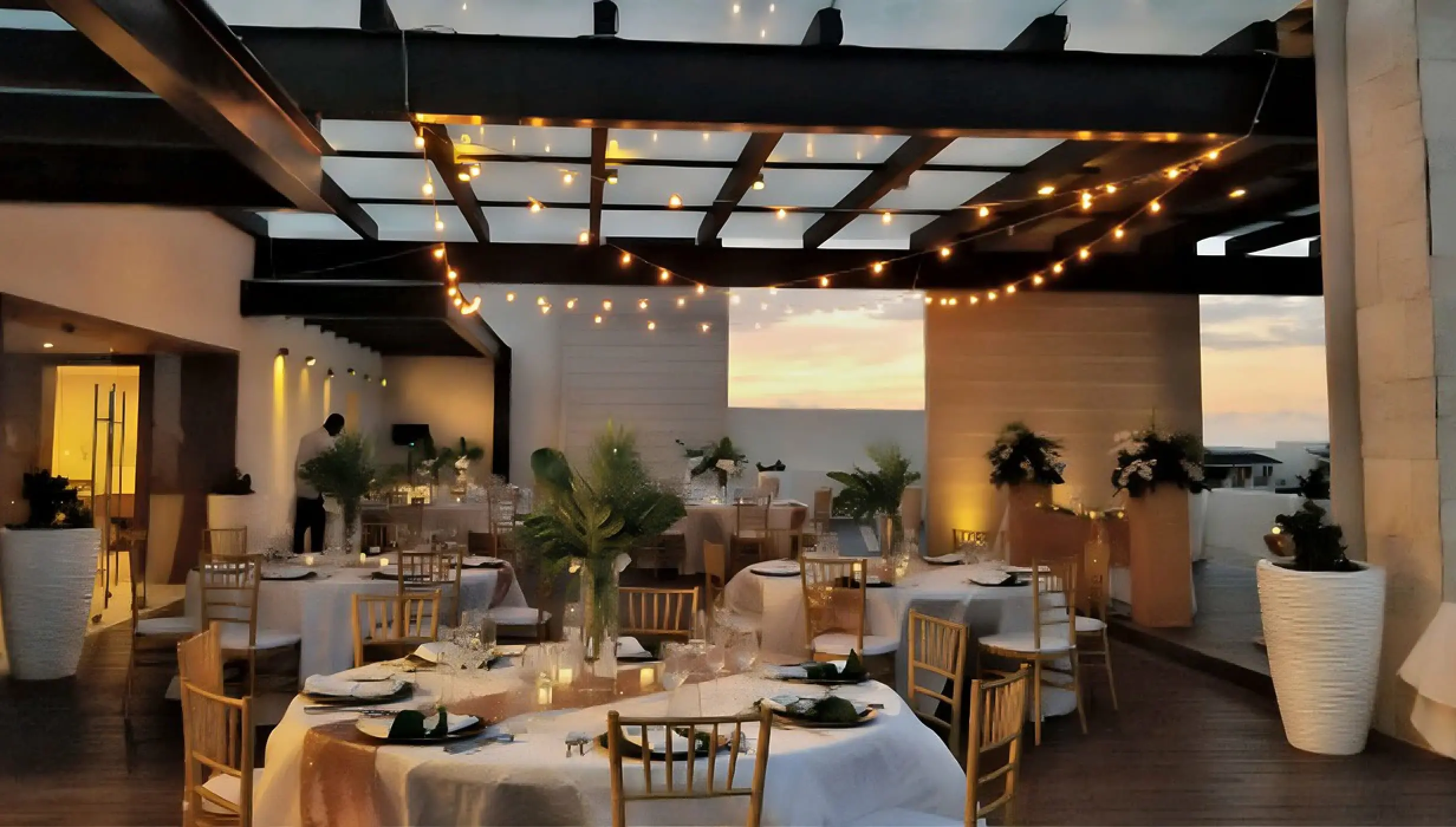 Sky terrace wedding reception with string lights at Royalton Hideaway Negril