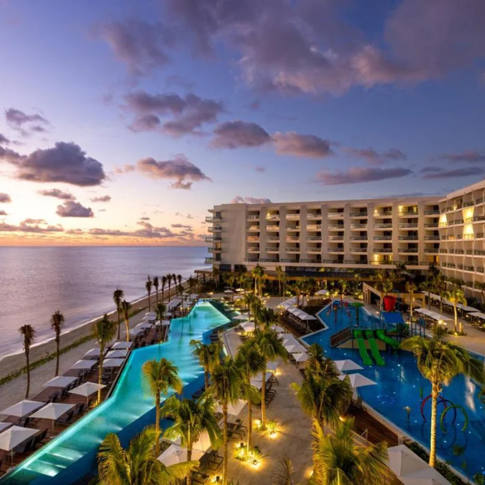 Aerial view of pools and beach at Hilton Cancun.