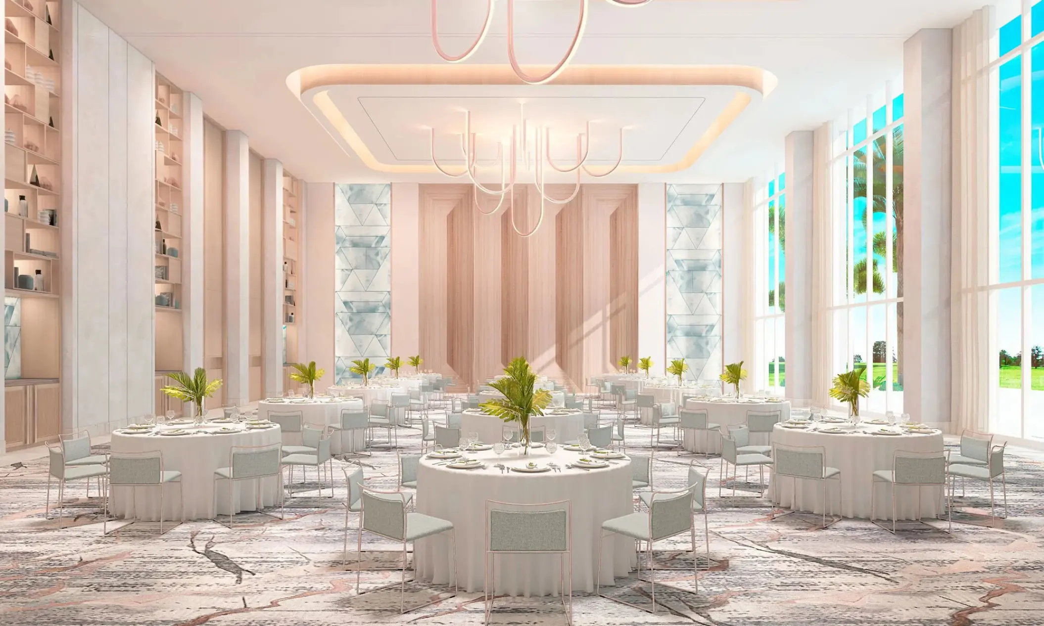 Junior Ballroom wedding reception with round tables and floor-to-ceiling windows at Hilton Cancun, Cancun
