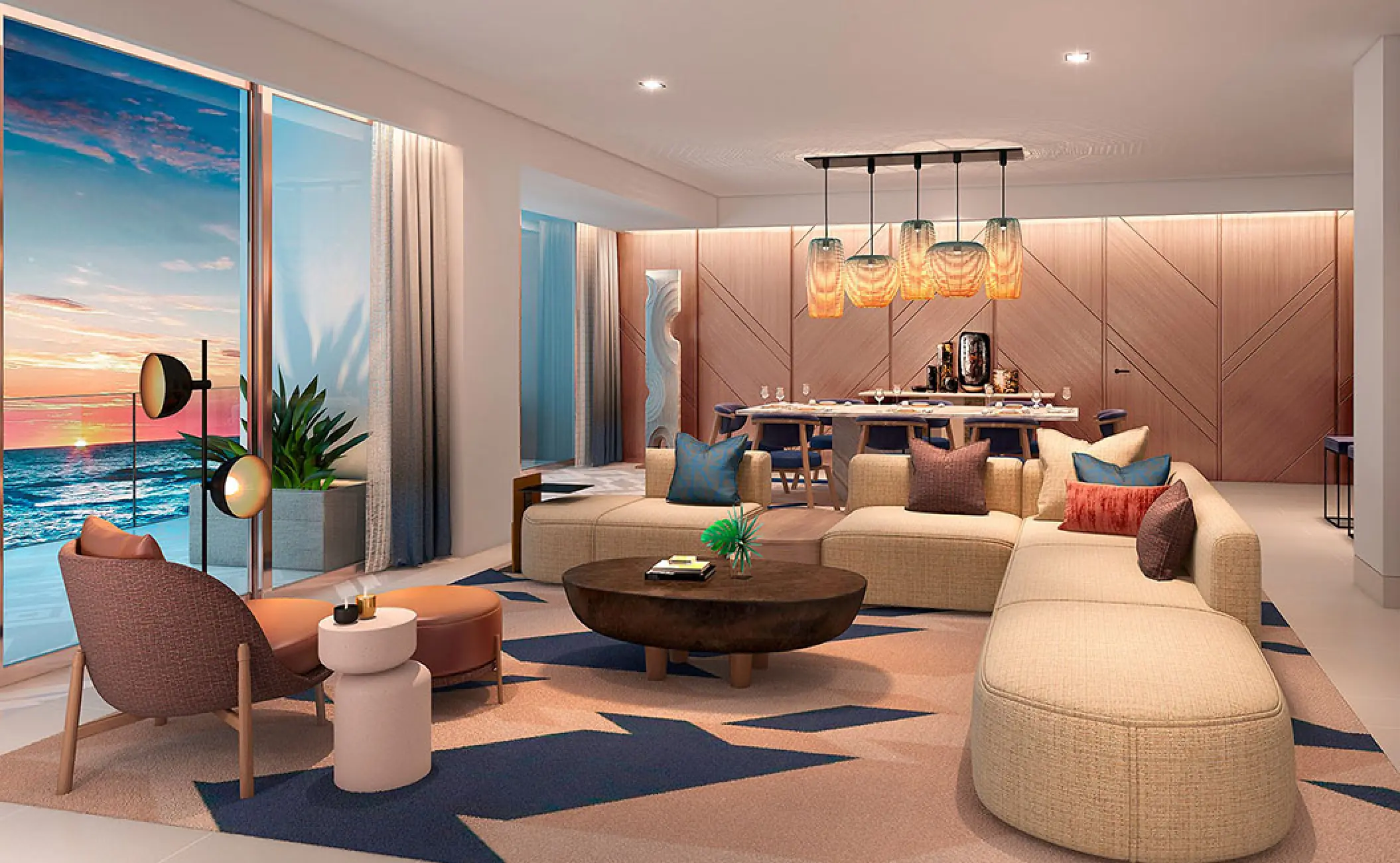 Modern suite living room with floor-to-ceiling ocean views at Hilton Cancun, Cancun
